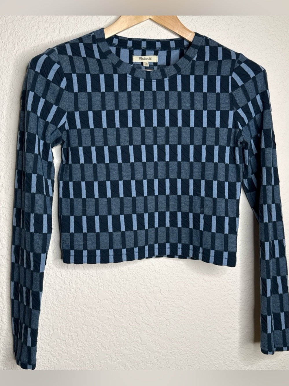 Madewell Checkerboard Knit Cropped Sweater Tee Navy Blue Long Sleeve M